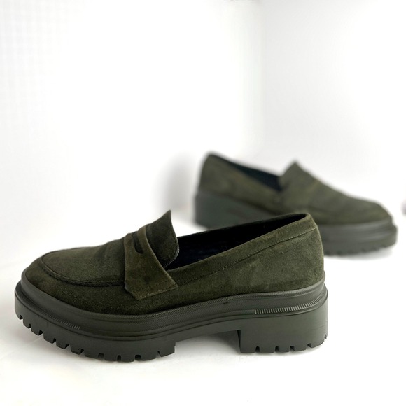 Portland PATINA Woman 9.5-10 Zoe Chunky Loafer Olive Green Suede Leather Shoes - Picture 1 of 11